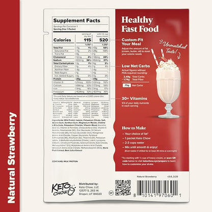 Keto Chow Natural Strawberry | Keto Meal Replacement Shake Powder | Nutritionally Complete | Low Carb | Delicious Easy Meal Substitute | Protein Rich You Choose The Fat | Single Meal Sample