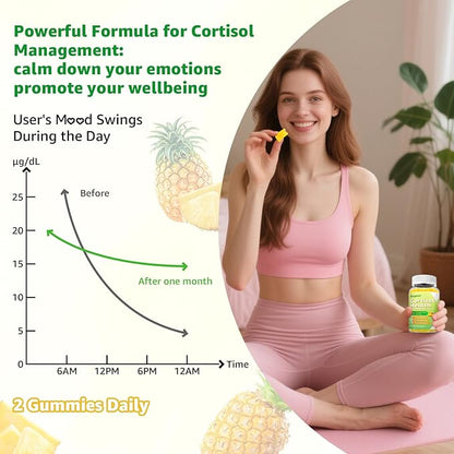 Cortisol Gummies - Cortisol Supplements for Women & Men with Ashwagandha, Magnesium, L-theanine for Cortisol Balance, Support Relaxation, Energy, Zzz, Pineapple Flavor, 60Ct