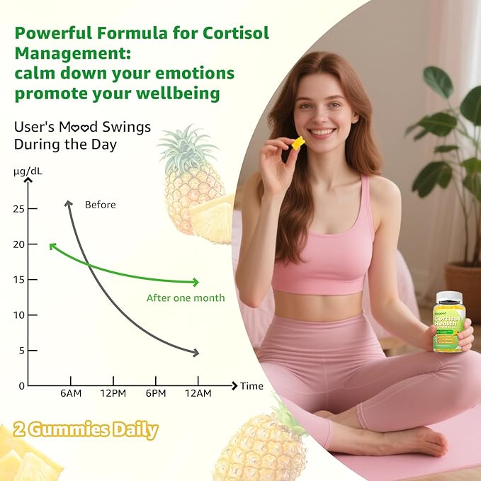 Cortisol Gummies - Cortisol Supplements for Women & Men with Ashwagandha, Magnesium, L-theanine for Cortisol Balance, Support Relaxation, Energy, Zzz, Pineapple Flavor, 120Ct