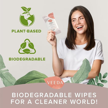 Veeda Plant-Based Feminine Wipes – pH-Balanced, Hypoallergenic & Biodegradable Wipes for Sensitive Skin, Fragrance-Free Travel Sized Wipes – 120 Count (Pack of 4)