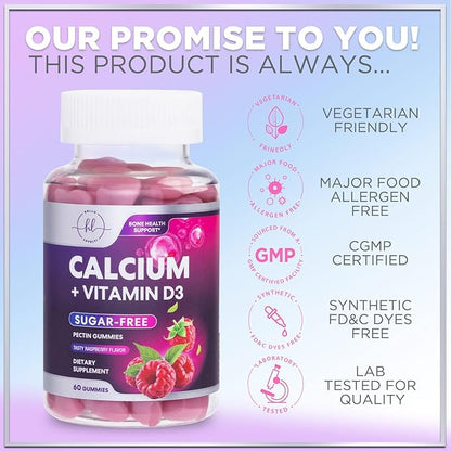 Calcium Gummies with Vitamin D3 10 mcg per Serving - Sugar Free Calcium Supplements for Bone Strength, Teeth & Immune Health Support - Natural Chews, Berry Flavored & High Absorption - 60 Gummies