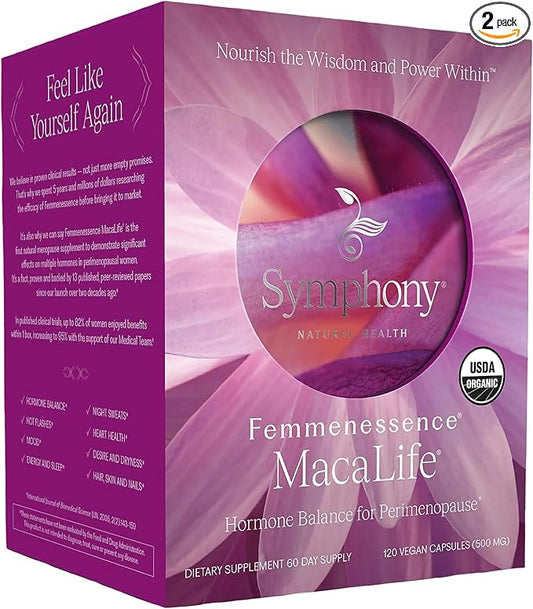 Femmenessence® MacaLife® – Clinically Proven Perimenopausal Organic Vegan Supplement for Natural Hormone Balance, Symptom Relief, Heart & Mood Support (120 Capsules, 60 Day Supply)