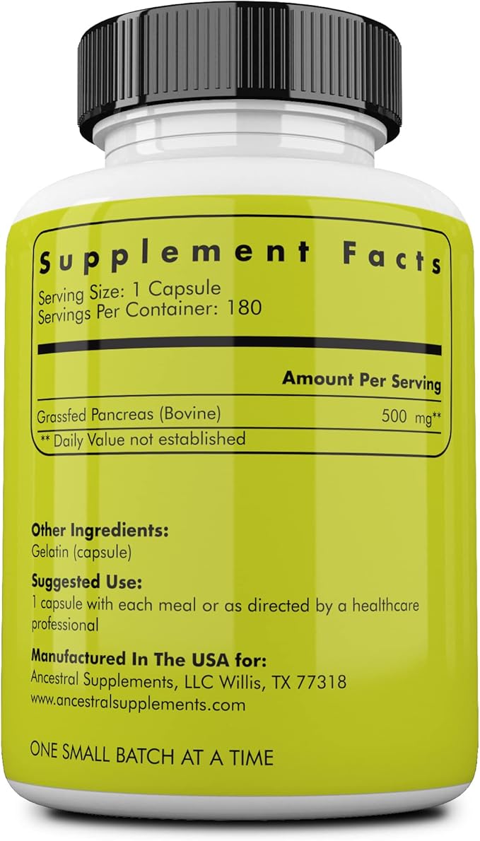 Ancestral Supplements Grass Fed Beef Pancreas Supplement, 500mg, Pancreatic Support with Proteolytic Digestive Enzymes for Digestion Support, Including Trypsin, Non GMO, 180 Capsules (Pack of 2)