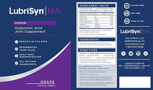 Lubrisyn Hyaluronic Acid Oral Joint Supplement – Liquid HA Formula for Humans – Promotes Joint Support, Mobility, Flexibility, Hydration & Healthy Function for Men & Women – Grape Flavor 3 x 11.5oz