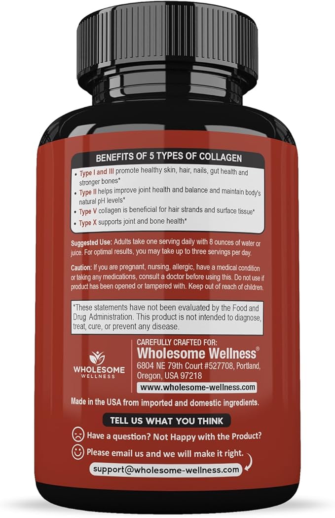 Wholesome Wellness Super-Absorb Multi Collagen Pills (Type I II III V X) Organic Herbs & Bioperine - Hair, Skin, Nails - Hydrolyzed Peptides Protein Supplement for Women & Men (90 Capsules)