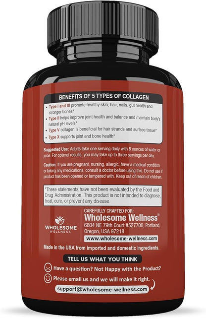 Wholesome Wellness Super-Absorb Multi Collagen Pills (Type I II III V X) Organic Herbs & Bioperine - Hair, Skin, Nails - Hydrolyzed Peptides Protein Supplement for Women & Men (90 Capsules)