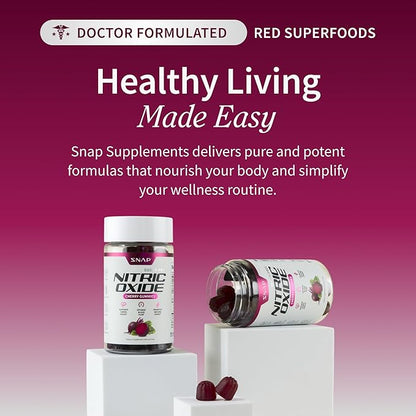 Snap Supplements Nitric Oxide Gummies - Beet Root Extract 300mg, Sugar Free Beetroot Supplement with Pomegranate Powder for Circulation & Natural Energy, 60 Vegan Gummies (3-Pack), Cherry Flavor