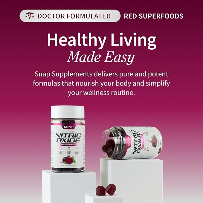 Snap Supplements Nitric Oxide Gummies - Beet Root Extract 300mg, Sugar Free Beetroot Supplement with Pomegranate Powder for Circulation & Natural Energy, 60 Vegan Gummies, Cherry Flavor