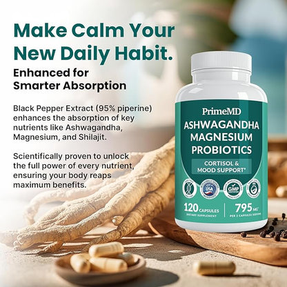 PrimeMD 5-in-1 Cortisol Supplement for Women and Men with Ashwagandha for Calmness, Focus, and Adrenal Support Supplements with Shilajit Extract, Magnesium Glycinate, Probiotics (120 ct) (Pack of 4)