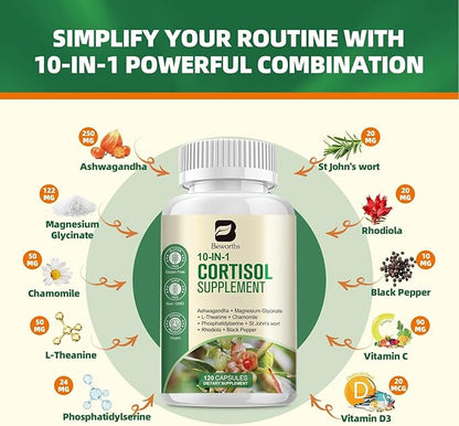 Cortisol Supplements for Women Men, 10-in-1 Cortisol Detox with Ashwagandha, Magnesium, L-Theanine, Balanced Cortisol Levels, Night & Calm Support, 120 Vegan Capsules