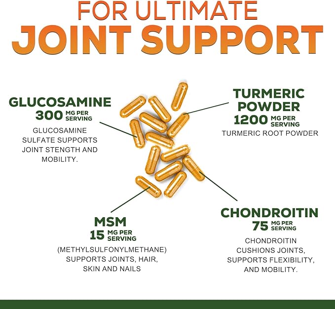Turmeric Curcumin Supplement - 95% Curcuminoids with Glucosamine, Ginger & MSM, BioPerine Black Pepper Extract for Best Absorption, Natural Vegan Joint Support, Non-GMO, Bottled in USA - 120 Capsules