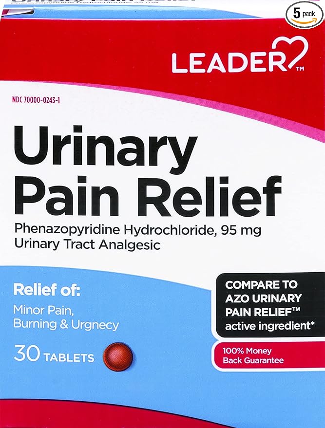 LEADER Urinary Pain Relief Maximum Strength, Fast Relief of UTI Pain, Burning & Urgency, Urinary Tract Infection, Phenazopyridine Hydrochloride 95 mg, 30 Tablets, 5-Pack