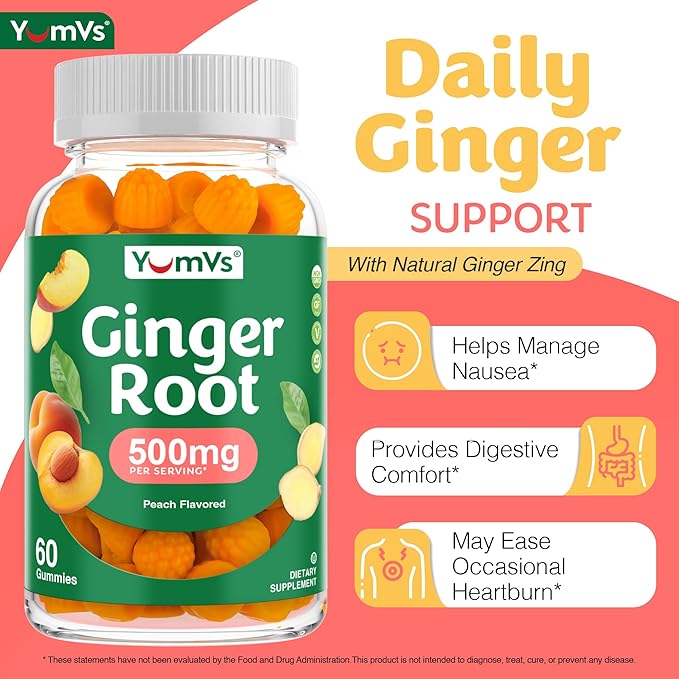 YUM-V'S YumVs Ginger Gummies, 500 mg Ginger Root Extract, Peach Flavor, Nausea Relief, Digestion & Immune Support, Vegan, Non-GMO, Gelatin-Free (60 Count)