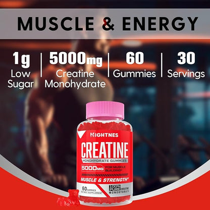 Creatine Monohydrate Gummies for Men & Women - Creatine Pre-Workout Gummies with Taurine & Vitamin B6 B12 for Maximum Strength, Muscle, Energy, Endurance & Focus, Organic, Vegan-60 Count