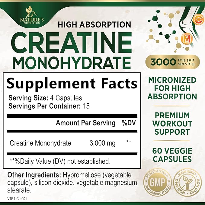 Creatine Monohydrate 3000mg Per Serving – Micronized Creatine Powder Capsules - Supports Lean Muscle, Strength, Energy, & Endurance - Nature's Supplement, Non-GMO, Bottled in USA - 60 Capsules