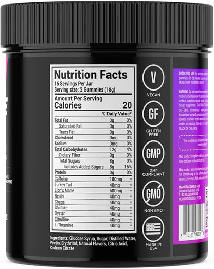 Bounce Pro Pre Workout Gummies – 30 Vegan Chewable Gummies with Caffeine, Lion’s Mane & L-Theanine for Energy, Focus & Endurance – Mushroom Preworkout for Men & Women – Black Razz Flavor