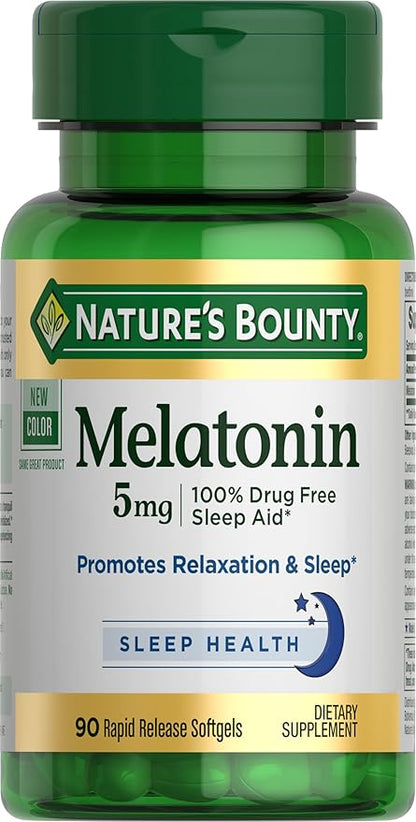 Nature's Bounty Melatonin, 100% Drug Free Sleep Aid, Dietary Supplement, Promotes Relaxation and Sleep Health, 5mg, 90 Softgels (Pack of 1)