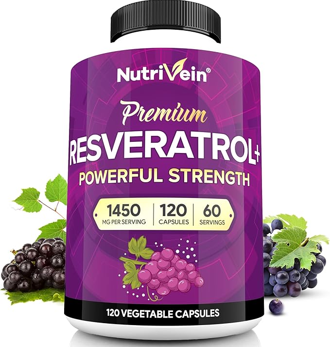 Nutrivein Premium Resveratrol 1450mg - 120 Caps: Pure Trans Resveratrol Supplement Enhanced with Green Tea Leaf & Acai Berry - Aging, Defenses, Brain, Heart, and Joint Support