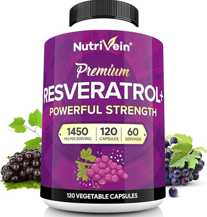 Nutrivein Premium Resveratrol 1450mg - 120 Caps: Pure Trans Resveratrol Supplement Enhanced with Green Tea Leaf & Acai Berry - Aging, Defenses, Brain, Heart, and Joint Support