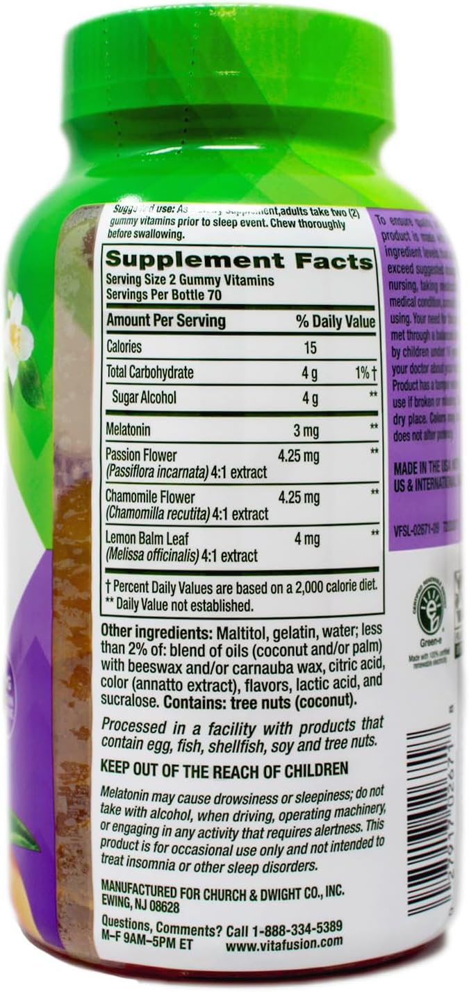Vitafusion 3 mg Melatonin Gummy Supplement, Awake Refreshed, Sleep Support & Jet Lag Aid, Sugar-Free, Dietary Supplement, Natural White Tea & Peach Flavors, 140 Count (Pack of 2)