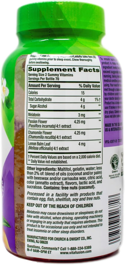 Vitafusion 3 mg Melatonin Gummy Supplement, Awake Refreshed, Sleep Support & Jet Lag Aid, Sugar-Free, Dietary Supplement, Natural White Tea & Peach Flavors, 140 Count (Pack of 2)