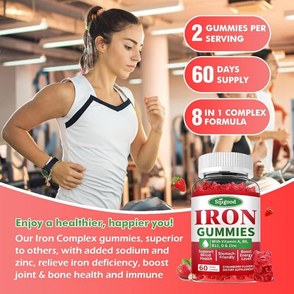 2 Pack Iron Gummies for Women & Men - Vegan Iron Supplement for Anemia & Iron Deficiency, with Vitamin B12, Vitamin C, Zinc, Folate - Energy Boost, Sugar-Free, Strawberry Flavor, 120 Count