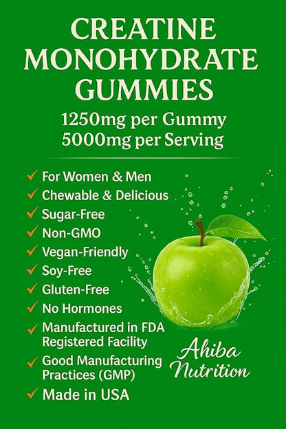 Creatine Monohydrate Gummies 5g per Serving, chewable, Vegan, Non-GMO, Sugar-Free, Soy-Free, Gluten-Free, Men & Women,More Strength & Recovery- Sour Apple Flavor, Made in USA