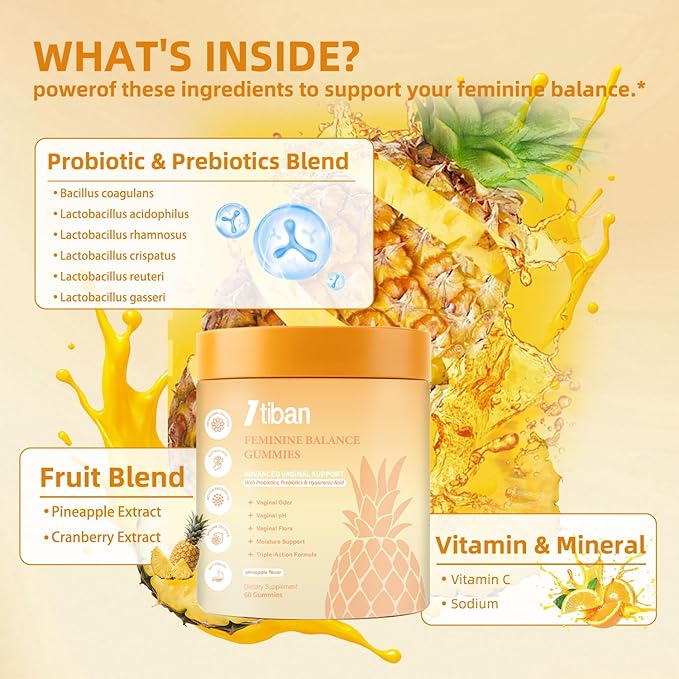 Pineapple Gummies for Women pH, Premium Feminine pH Balance Gummy, Vaginal Probiotics, Immune Support, Vegan, Gluten-Free, 60 Gummies 30 Servings