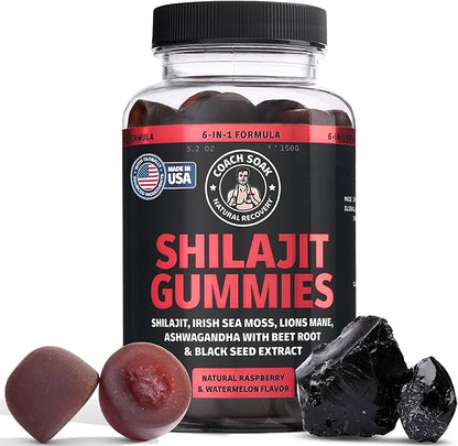 Coach Soak Shilajit Gummies 6-in-1: Tasty Raspberry Watermelon Flavor with Ashwagandha, Lion’s Mane, Irish Sea Moss, Beet Root & Black Seed Oil - Lab Tested Pure Shilajit for Men and Women | 60 ct