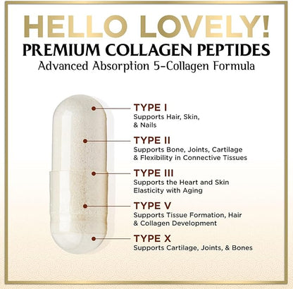 Multi Collagen Peptides for Women & Men - 2400mg per Serving - Best Hydrolyzed Collagen Complex with Type I, II, III, V, X - Hair, Skin, Nails & Joint Support Supplement - Bottled USA - 120 Capsules