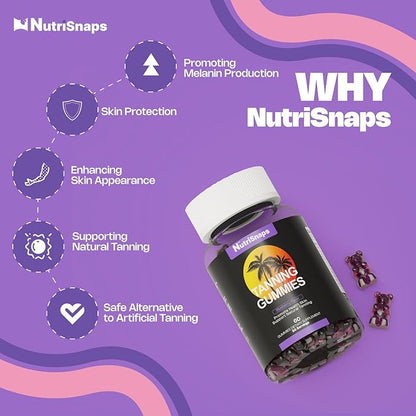 Tanning Gummies, Tanning Supplement for Adults Woman & Men, Daily Tanning Gummies for Skin Health & Pigmentation, Non-GMO, Vegan, Blueberry Flavor, 60 Gummies