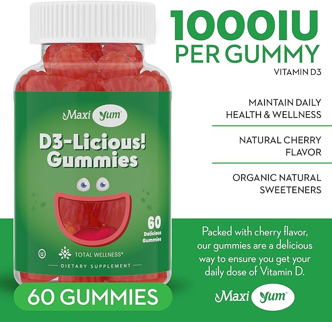 Maxi Health Vitamin D Gummies – 1000 IU Vitamin D3 Gummies – Supports Immune System, Bone & Muscle Wellness – Vegan, Kosher, Cherry Flavor, 60 Count