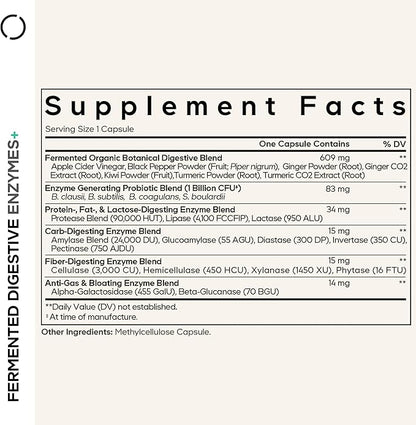 Codeage Fermented Digestive Enzymes Supplement 3-Month Supply - 14 Digestive Enzymes, Probiotics, Prebiotics, Fermented Botanicals, Plant-Based Multi Pancreatic Enzymes - 1 Capsule a Day - 90 Capsules