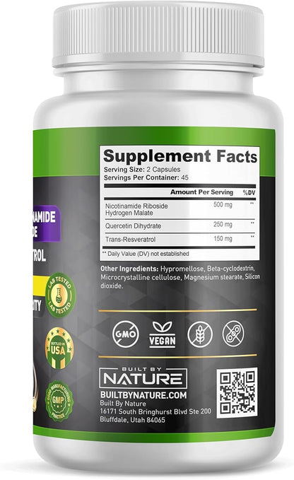 Built by Nature NAD Supplement – NAD+ Supplement with Nicotinamide Riboside 500mg, Quercetin & Trans-Resveratrol – NAD Plus/NR Supplement – NAD Resveratrol Supplement for Women & Men – 90 Capsules