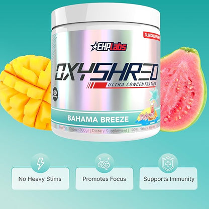 EHP Labs OxyShred Pre Workout Powder - Preworkout Powder with L Glutamine & Acetyl L Carnitine, Energy Boost Drink - Bahama Breeze/Beach, 60 Servings