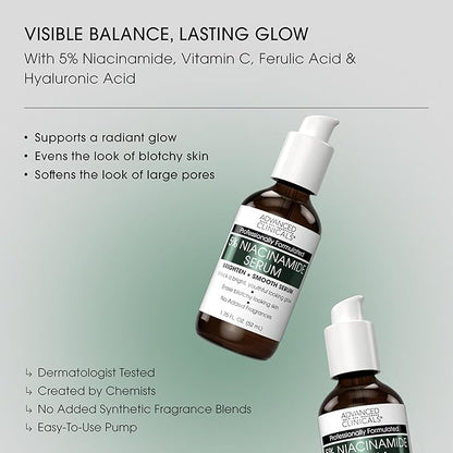 Advanced Clinicals Brightening Vitamin C Cream + 5% Niacinamide Serum W/Hyaluronic Acid 2pc Set | Vitamin C Body Lotion Moisturizer & Dark Spot Remover Face Serum | Skin Care Products, 2pc Bundle