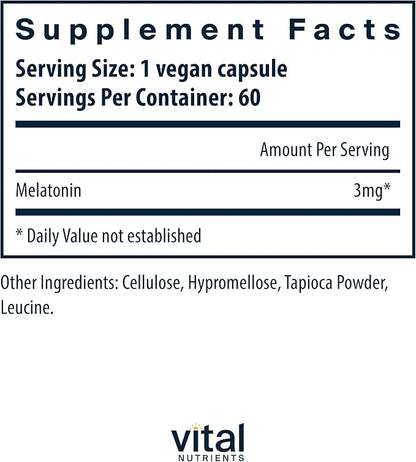 Vital Nutrients Melatonin 3mg - Vegan - Low-Dose Melatonin - Sleep Supplement to Support the Body's Natural Sleep Cycle* - Gluten, Dairy, Soy Free - 60 Capsules