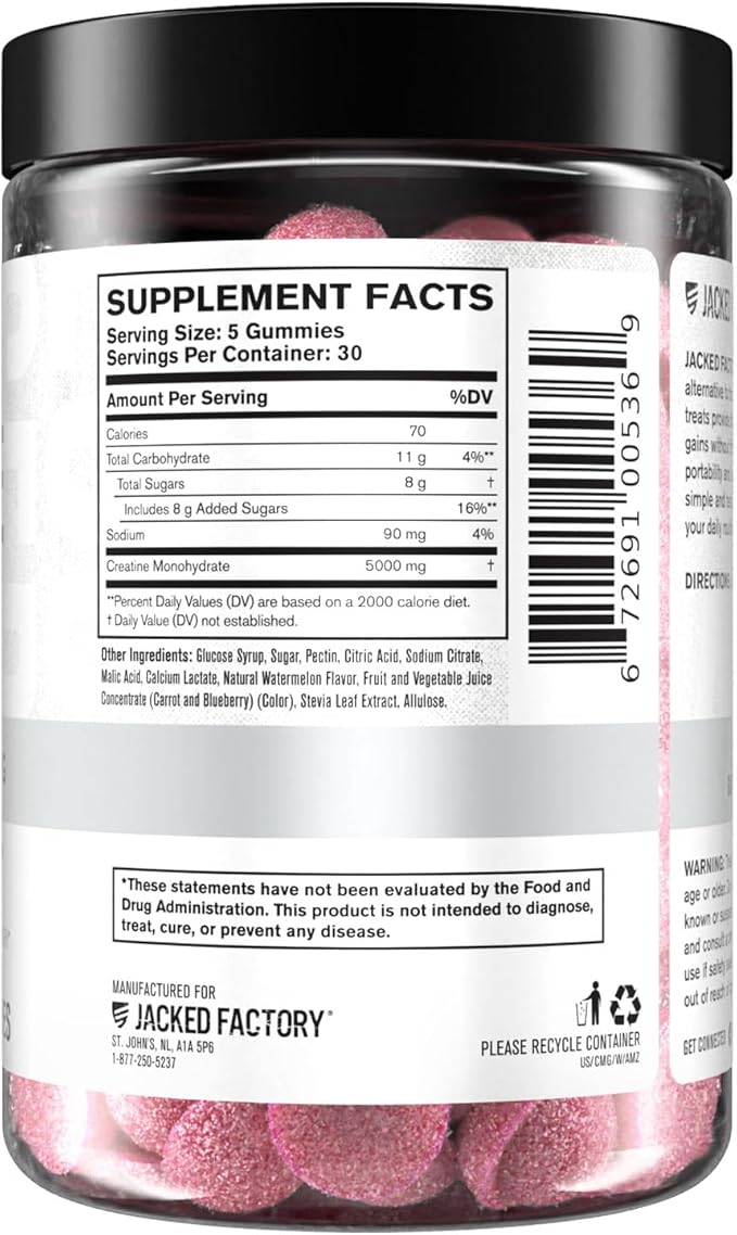 Jacked Factory Creatine Monohydrate Gummies 5g Daily Dose (1g per Gummy) - Creatine Gummy for Men and Women, Vegan-Friendly, Travel-Friendly, Third-Party Tested - 150 Gummies, Watermelon
