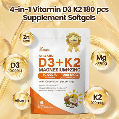 VivoNu Vitamin D3 K2 10,000 IU Magnesium Supplement – 4-in-1 with Vitamin D and K (MK-7), Magnesium Glycinate & Zinc Citrate – 180 Softgels for Energy, Bone* & Muscle* Support*
