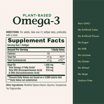 Nature's Bounty Omega 3, Plant-Based Omega 3 Fatty Acid Supplement, 520mg, Supports Whole Body Health Including Heart, Skin, Joint, 30 Vegetarian Softgels, Fish Oil Alternative