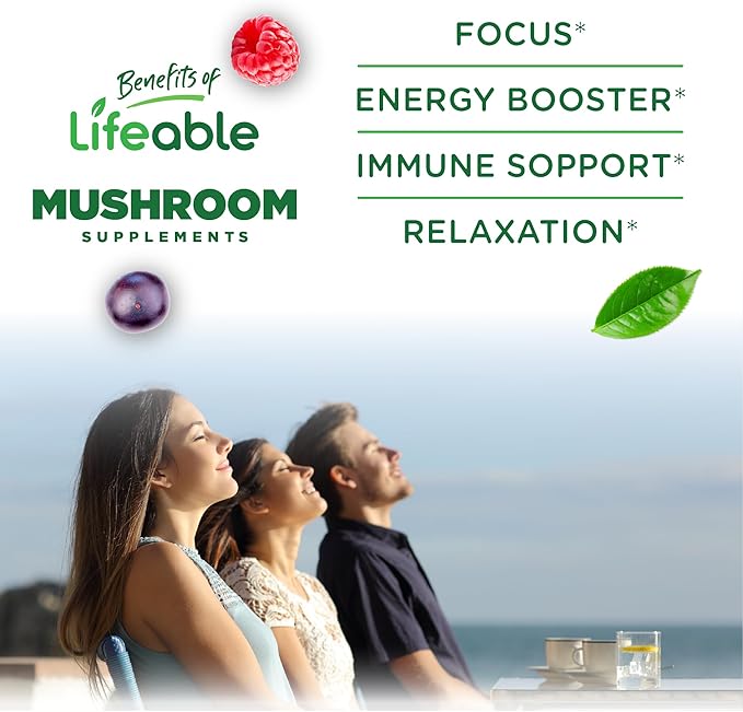 Lifeable Mushroom Gummies for Adults | 10 Mushroom Complex Blend with Ashwagandha KSM-66 | Vegan Kosher Non-GMO Mushroom Supplement Extract | Great Tasting Focus & Energy Support | 60 Gummies