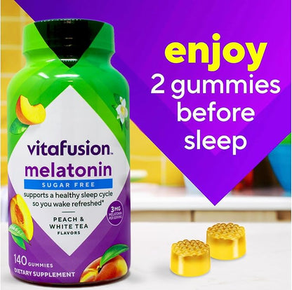 Vitafusion 3 mg Melatonin Gummy Supplement, Awake Refreshed, Sleep Support & Jet Lag Aid, Sugar-Free, Dietary Supplement, Natural White Tea & Peach Flavors, 140 Count (Pack of 2)