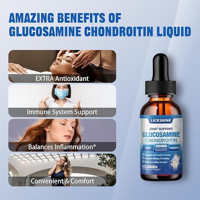 lickshine 1 Pack Glucosamine Chondroitin MSM Liquid Drops - Extra Strength Joint Support Supplement for Adults with Quercetin Boswelia, Bromelain, Hyaluronic Acid, Antioxidant Immune Support (2 Fl oz)
