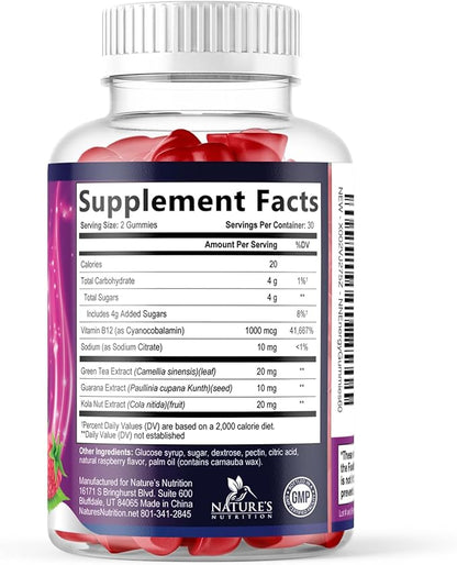 Energy Gummies - Vitamin B12 1000 mcg Per Serving - Daily Energy Gummy with Natural Caffeine from Green Tea, Berry Flavor B12 Chewable Exercise Supplement for Running Cycling & Sports - 60 Gummies