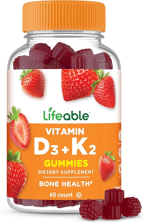 Lifeable Vitamin D3 K2 Gummies for Adults | 1000iu D3 and K2 100mcg | Great Tasting D3 and K2 Supplements | for Immune Support | VIT D3 K2 for Adults, Men, and Women | 60 Gummies