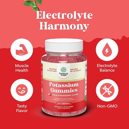 High Potency Potassium Gummies for Adults - Powerful Potassium Supplement Gummies for Optimal Health - Delicious Strawberry-Flavored - Vegan - 60 Count