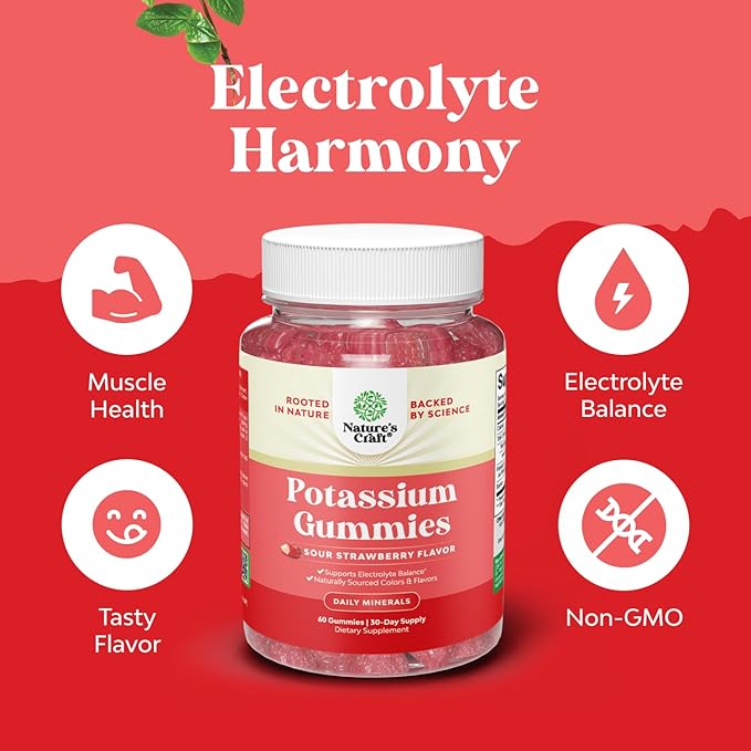 High Potency Potassium Gummies for Adults - Powerful Potassium Supplement Gummies for Optimal Health - Delicious Strawberry-Flavored - Vegan - 60 Count - 3 Pack