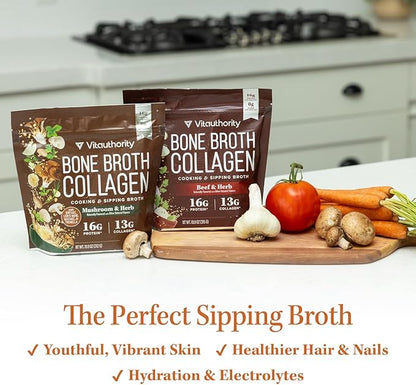 Bone Broth Collagen Powder 16g Collagen Protein per Serving Supports Joints Skin Nails & Gut Health Made from Real Beef Bone Broth Savory Collagen for Soups & Stews Mushrooms Herb Flavored 15 Servings