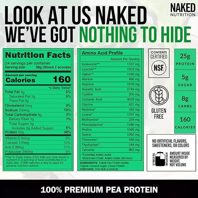 NAKED Chocolate Pea Protein Isolate from North American Farms, Only 3 Ingredients, Chocolate Vegan Protein, NSF Certified, Gluten-Free, Soy Free, GMO Free - 2LB