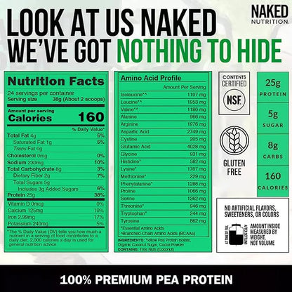 NAKED Chocolate Pea Protein Isolate from North American Farms, Only 3 Ingredients, Chocolate Vegan Protein, NSF Certified, Gluten-Free, Soy Free, GMO Free - 2LB